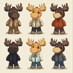 Wall Mural - A collection of cartoon moose characters wearing different plaid shirts.