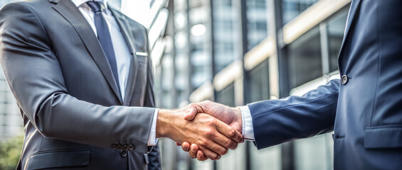 Two businessmen shaking hands in front of a modern office building. The concept of partnership and business relations.