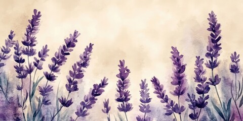 Wall Mural - Watercolor Painting of Lavender Flowers on a Soft Beige Background