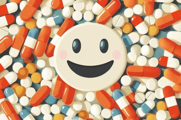 Canvas Print - A smiley face formed from a mix of colorful pills on a white background representing the positive impact of medication on mental health and well being