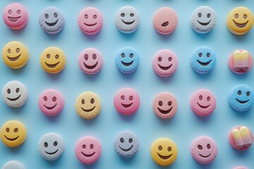 Poster - A playful array of colorful smiling pills arranged in a grid on a light blue background symbolizing the diversity and positivity in healthcare