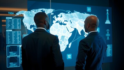 Wall Mural - Black businessmen looking at a map of Africa and chatting.