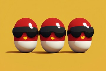 Sticker - Three red and white pill characters wearing sunglasses on a yellow background symbolizing the cool and confident approach to healthcare and medication