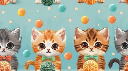 Wall Mural - A seamless pattern of charming cartoon kittens wearing tiny bowties and playing with balls of string, pastel colors, detailed fur textures, warm lighting, hd quality, natural look. --ar 16:9 --v 6.