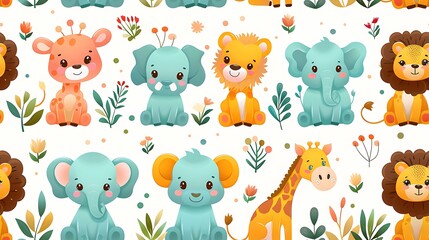 A seamless pattern of charming cartoon lions, giraffes, and elephants playing together in the golden savannah, surrounded by tall grass and distant mountains, warm and bright colors, soft sunlight,