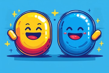 Sticker - Two round pill characters with happy faces on a blue background symbolizing the friendship and happiness that medication can bring to ones health