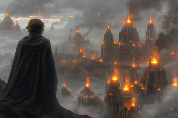 Fantasy illustration showing a character in a cloak looking down at a magical fantasy city with glowing lights and flames.