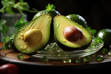 Wall Mural - Embacket with Avocado on Wooden Background, Close Up, generative IA