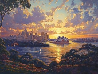 Sunset over Sydney Harbour showcasing the Opera House and city skyline with sailing boats on the water