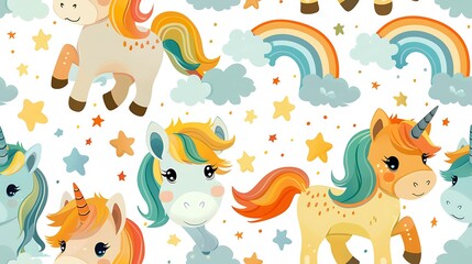 Wall Mural - A seamless pattern of colorful cartoon unicorns prancing among vibrant rainbows and fluffy clouds, pastel colors, flowing manes and tails, sparkling stars, hd quality, natural look. --ar 16:9 --v 6.