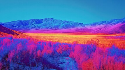 Colorful thermal image of a landscape, showcasing vibrant temperature variations, from cool blues to intense reds, symbolizing heat mapping technology.