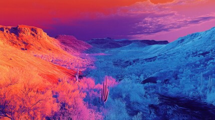 Colorful thermal image of a landscape, showcasing vibrant temperature variations, from cool blues to intense reds, symbolizing heat mapping technology.