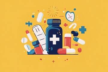 Poster - A set of medical icons with pills and capsules on a yellow background representing the organized and systematic approach of modern healthcare