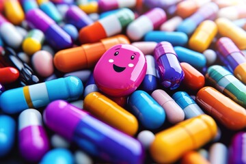 Canvas Print - A playful mix of colorful pills and capsules with a single smiling face symbolizing the diversity and positivity of modern pharmaceutical solutions