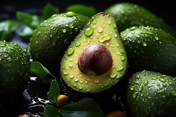 Wall Mural - A close up of a group of avocados sliced ??with water droplets, generative IA