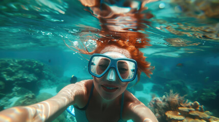 Redheaded girl in goggles swimming underwater on a coral reef.