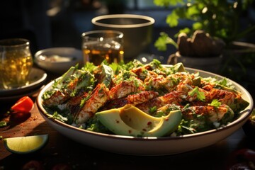 Grilled seafood salad with avocado, coriander and lemon guacamole, generative IA