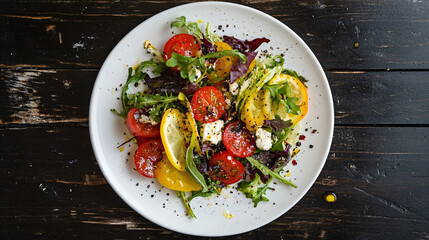 Fresh salad with colorful tomatoes, lemon, feta cheese and arugula on white plate on black wooden table