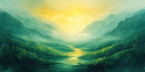 Canvas Print - A Serene Valley Landscape with a River Winding Through Lush Greenery Under a Bright Yellow Sky