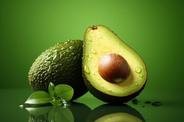 Avocado half macro shot isolated on a pastel green background, generative IA