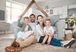 © DavisShared/peopleimages.com - Happy family, portrait and roof with children for safety, security or property investment at home. Mother, father and young kids with smile on floor for shelter, apartment bond or house together