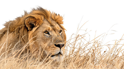 lion stalking its prey in the savannah tall grass providing cover, white background for clipping