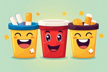 Poster - Happy and friendly pill bottles with smiling faces filled with colorful capsules representing the joy and satisfaction of medication in a fun and approachable design