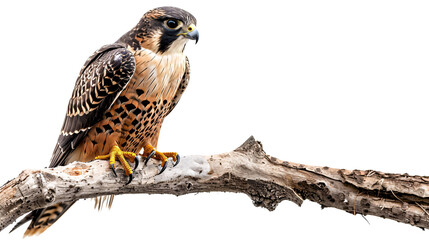 Falcon perched on a branch with a keen eye on the ground, white background for clipping