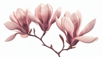 Poster - A beautiful arrangement of soft pink magnolia flowers delicately rests on a branch. The gentle hues evoke a sense of calm and elegance. This art piece is perfect for decoration. AI