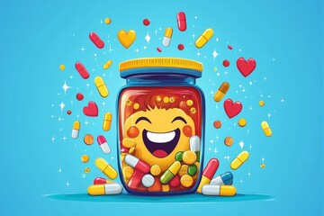 Wall Mural - Charming illustration of a happy pill bottle surrounded by floating capsules and hearts on a bright blue background symbolizing the love and care associated with healthcare