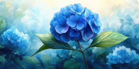 Wall Mural - Watercolor Painting of a Blue Hydrangea with Green Leaves