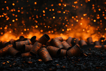 Wall Mural - A pile of empty paper cups on a black surface. The cups are scattered and some are upside down. The scene has a dark and eerie mood, with the cups appearing to be abandoned and forgotten