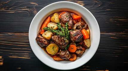 Wall Mural - Rustic wooden table with a white bowl of beef stew, carrots, and potatoes, topped with thyme garnish