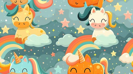 Wall Mural - A seamless pattern of playful cartoon unicorns surrounded by sparkles and rainbows, with magical dust trailing from their hooves, soft colors, dynamic poses, glowing highlights, hd quality,