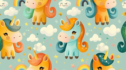 Wall Mural - A seamless pattern of playful cartoon unicorns surrounded by sparkles and rainbows, with magical dust trailing from their hooves, soft colors, dynamic poses, glowing highlights, hd quality,