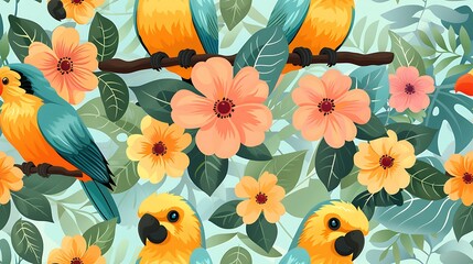 Wall Mural - A seamless pattern of vibrant tropical birds, like toucans and parrots, perched among lush jungle foliage and colorful flowers, bright greens, detailed feathers,