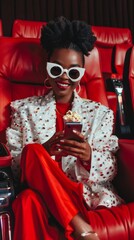 A stylish individual relaxes with popcorn, wearing oversized sunglasses and a chic outfit in a vibrant cinema setting