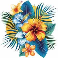 Wall Mural - Modern image of a Hawaiian tropical flower bouquet with leaves and hibiscus.