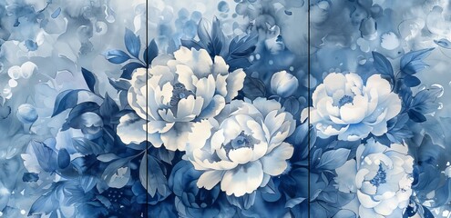 Wall Mural - Navy Blue Flowers Wall Art Botanical Printable Home Decor Muted Colors Three Indigo Floral Posters