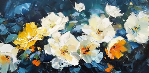 Wall Mural - A painting of white and yellow flowers. This is a generative AI.