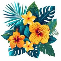 Wall Mural - Hawaiian tropical flower bouquet with leaves and hibiscus modern image.