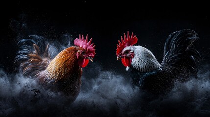 two roosters facing off in dramatic light