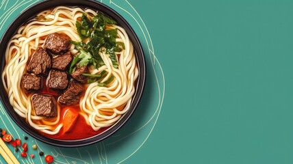 Wall Mural - Flat noodles with beef served in a black bowl on a green background, ideal for a hearty meal or food-themed web banner.