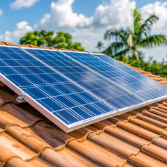 A solar panel is on a roof. The panel is blue and white