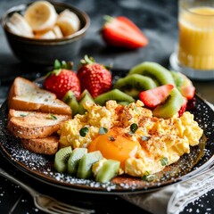 Wall Mural - Breakfast of scrambled eggs garnished with fresh herbs and served with whole grain toast and fruit