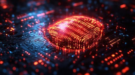 cybernetic shield protecting glowing data sphere binary code streams futuristic circuit patterns hightech security concept