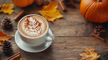 Wall Mural - Pumpkin Spice Latte on Wooden Table with Autumn Decorations