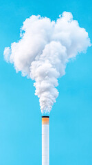 A tall white smoke stack is spewing white smoke into the sky. The sky is clear and blue