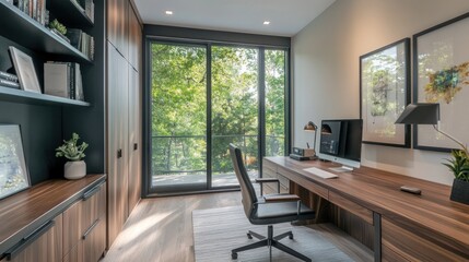 Canvas Print - Modern Home Office with Large Window and Wooden Desk