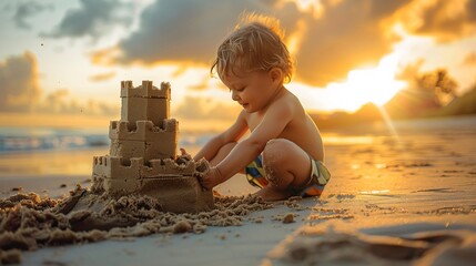 Little Boy Building a Sandcastle at Sunset